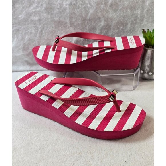 Coach Loralyn Wedge‎ Flip Flop Sandals Striped Pop Pink White Size 7 B - Picture 3 of 10